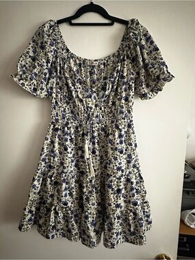 Blush Cream Dress with Blue Floral Print